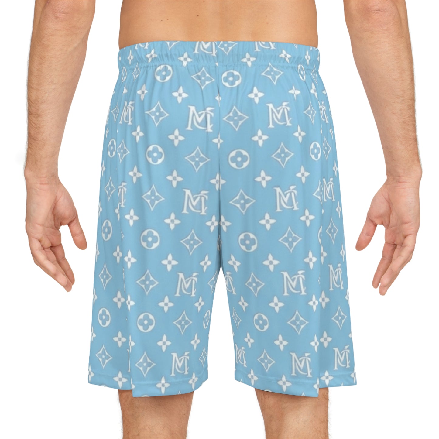 Blue Monogram Pattern Basketball Shorts – All-Over Print Casual Athletic Shorts