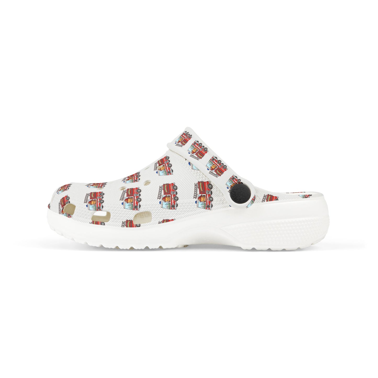 Kids Fire Truck Clogs — White Foam Slip‑On Shoes with Fire Engine Print