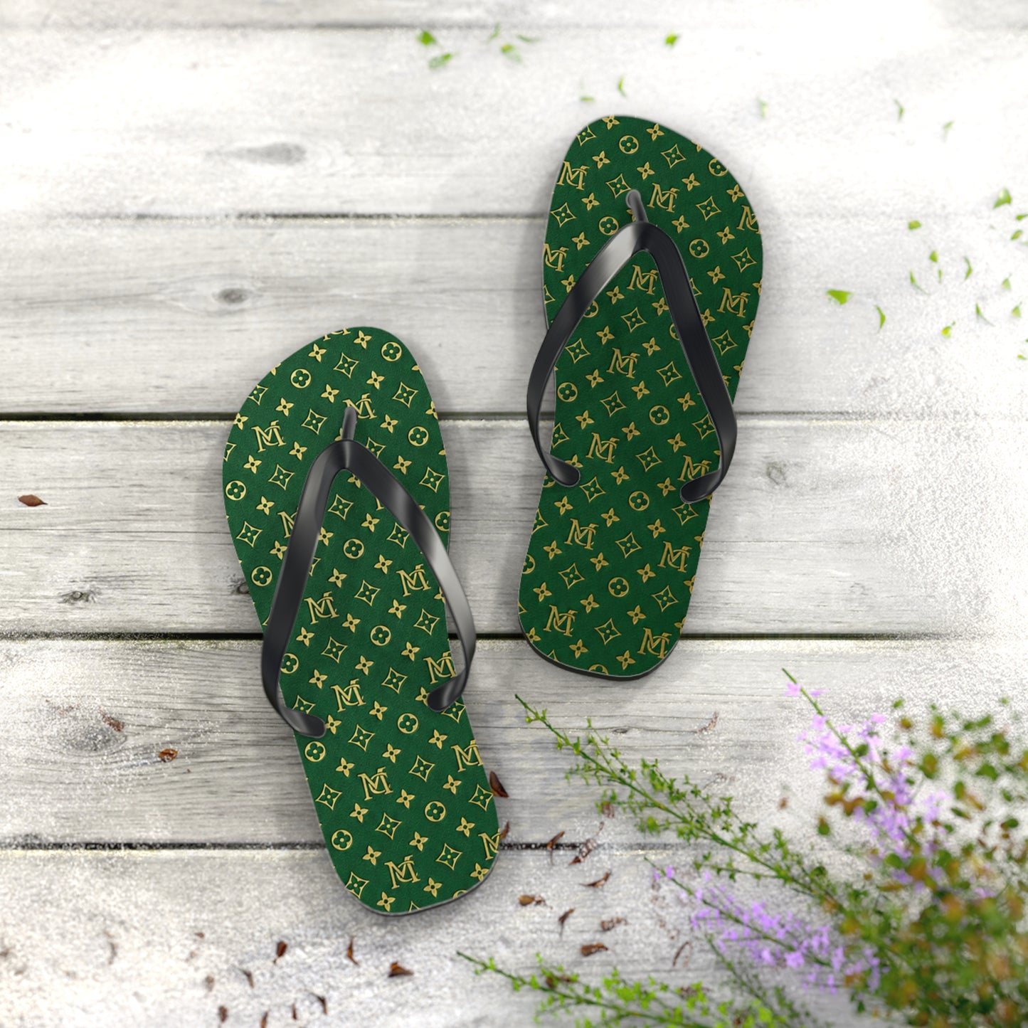 Green Monogram Flip Flops – Luxury Pattern Beach Sandals
