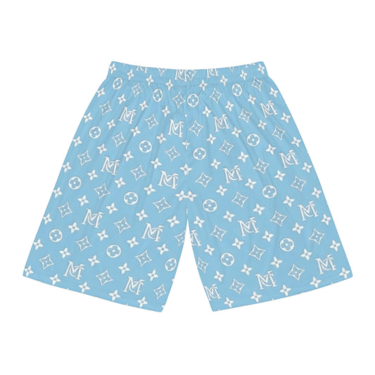 Blue Monogram Pattern Basketball Shorts – All-Over Print Casual Athletic Shorts
