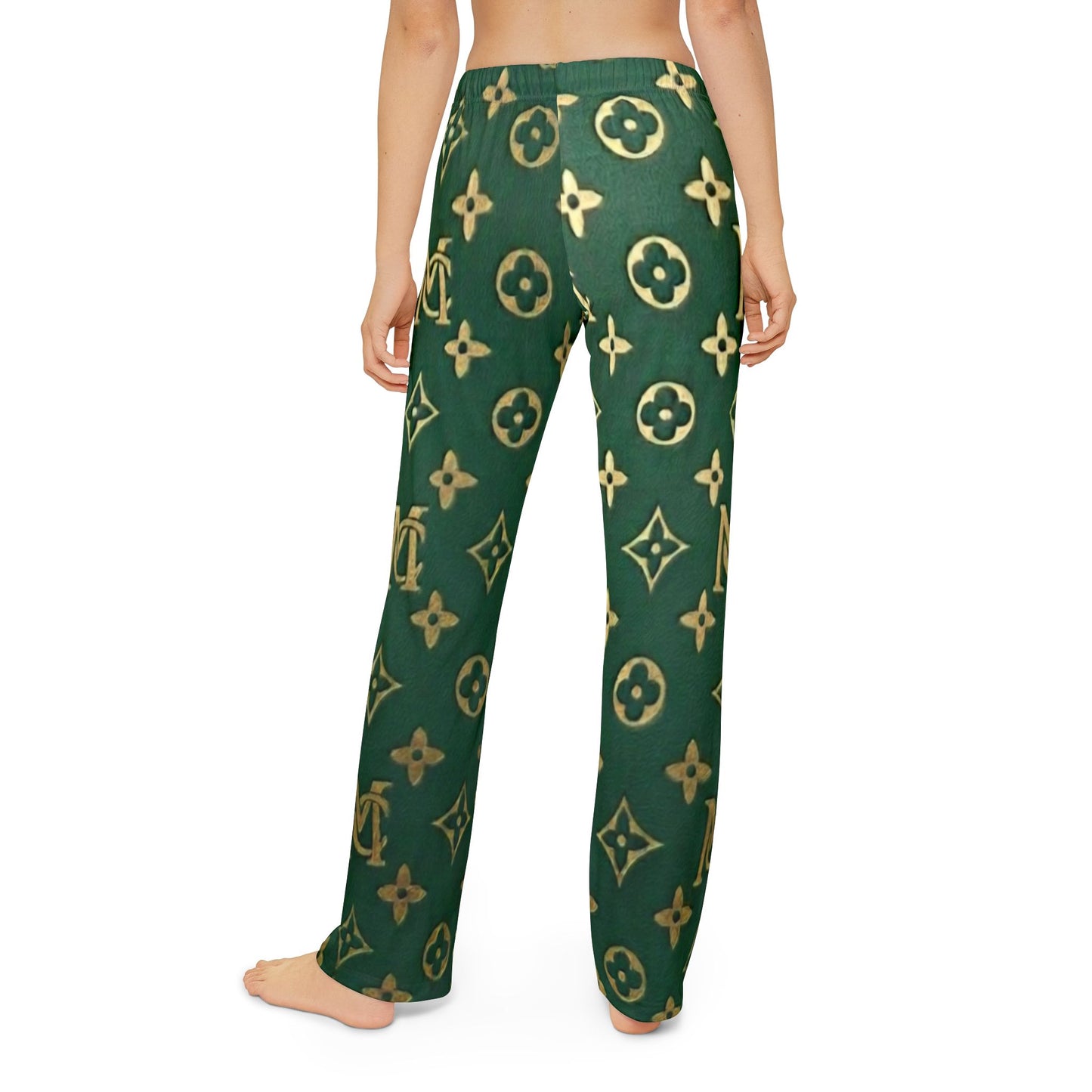 Kids Green Gold Monogram Lounge Pants — Patterned All-Over Print Pajama Bottoms