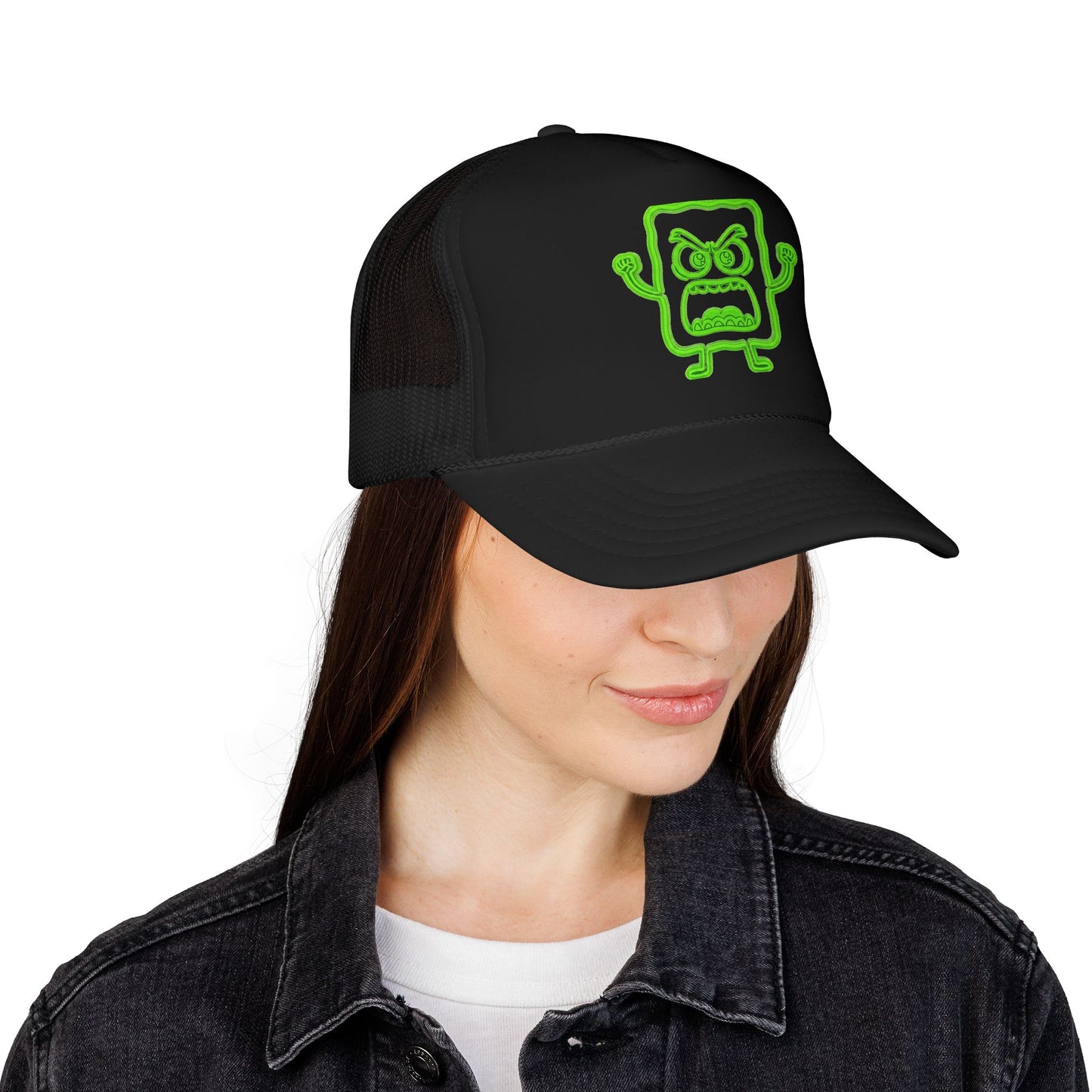 Mad Cobbler Square Foam Trucker Hat — Neon Green Cartoon Patch Cap