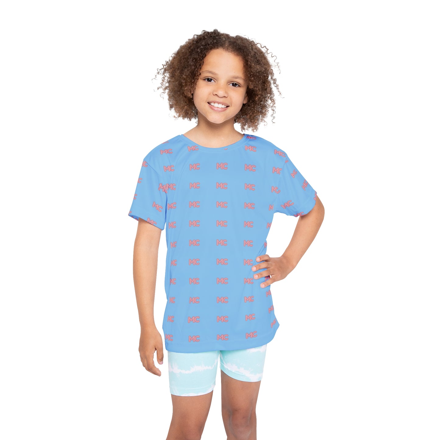 Kids Sports Jersey — Blue All-Over Print with Pink 'MC' Logo Pattern