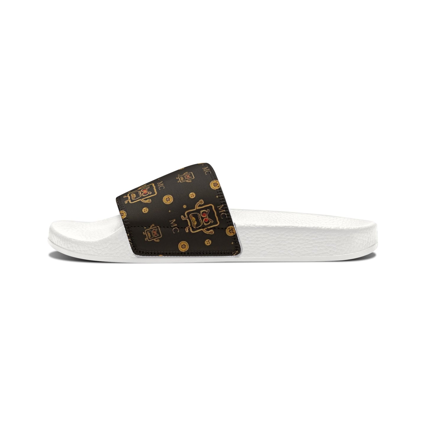 Slide Sandals — Brown Retro MC Pixel Robot Pattern, Removable Strap Casual Pool & Beach Slides