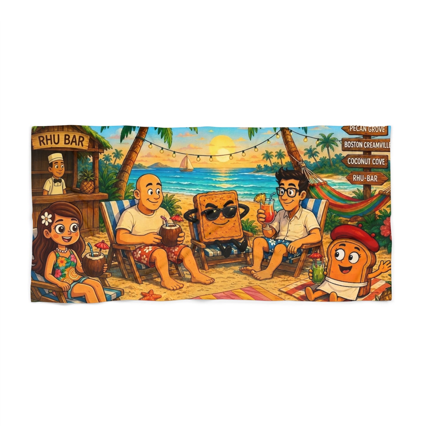 Tropical Beach Towel — Book Characters Island Sunset Scene