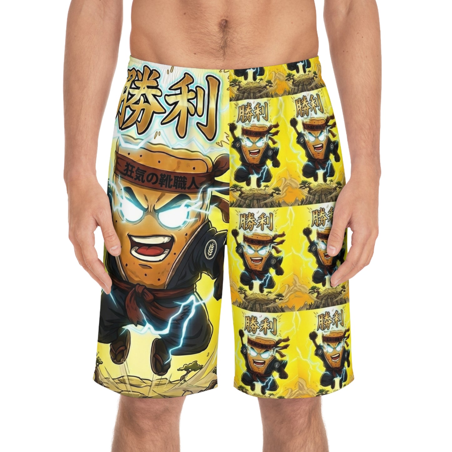 Victory Mad Cobbler Board Shorts — Anime-Style Energetic Yellow Swim Trunks