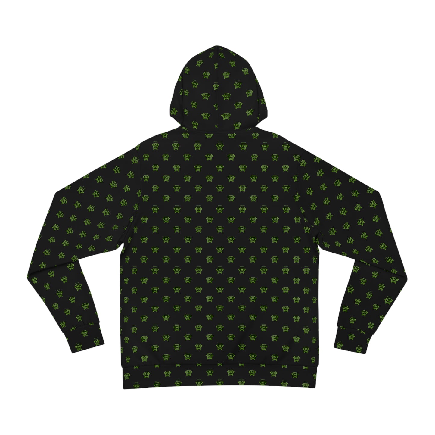 Black Hoodie with Green Mad Cobbler Pattern – All-Over Print Fashion Hoodie