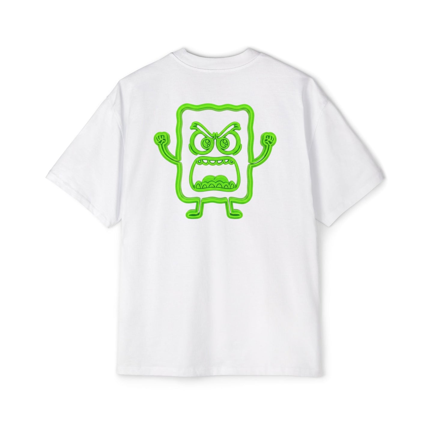 Graphic Tee — Neon Green 'MC' Logo & Angry Cartoon Back