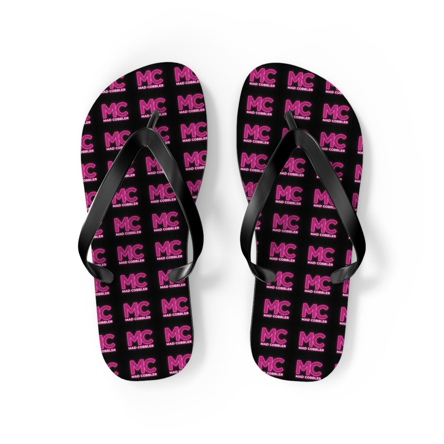 MC Pattern Flip Flops — Black & Pink Logo Beach Sandals