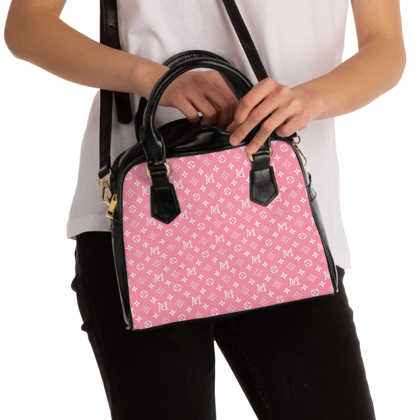Pink Monogram Shoulder Handbag — Patterned Designer-Style Purse