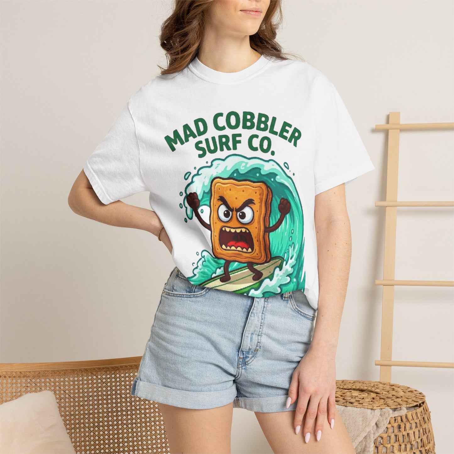 Mad Cobbler Surf Co. T-Shirt — Funny Surfing Pie Cartoon Tee