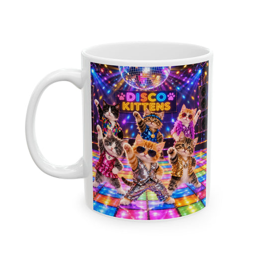 Disco Kittens Ceramic Mug (11oz/15oz) — Retro Dance Floor Party Coffee Cup
