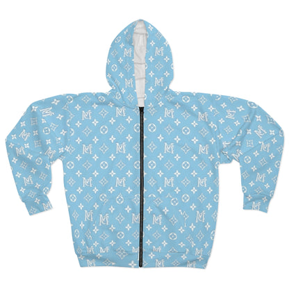 Blue MC Pattern Zip Hoodie — All-Over Print Casual Streetwear