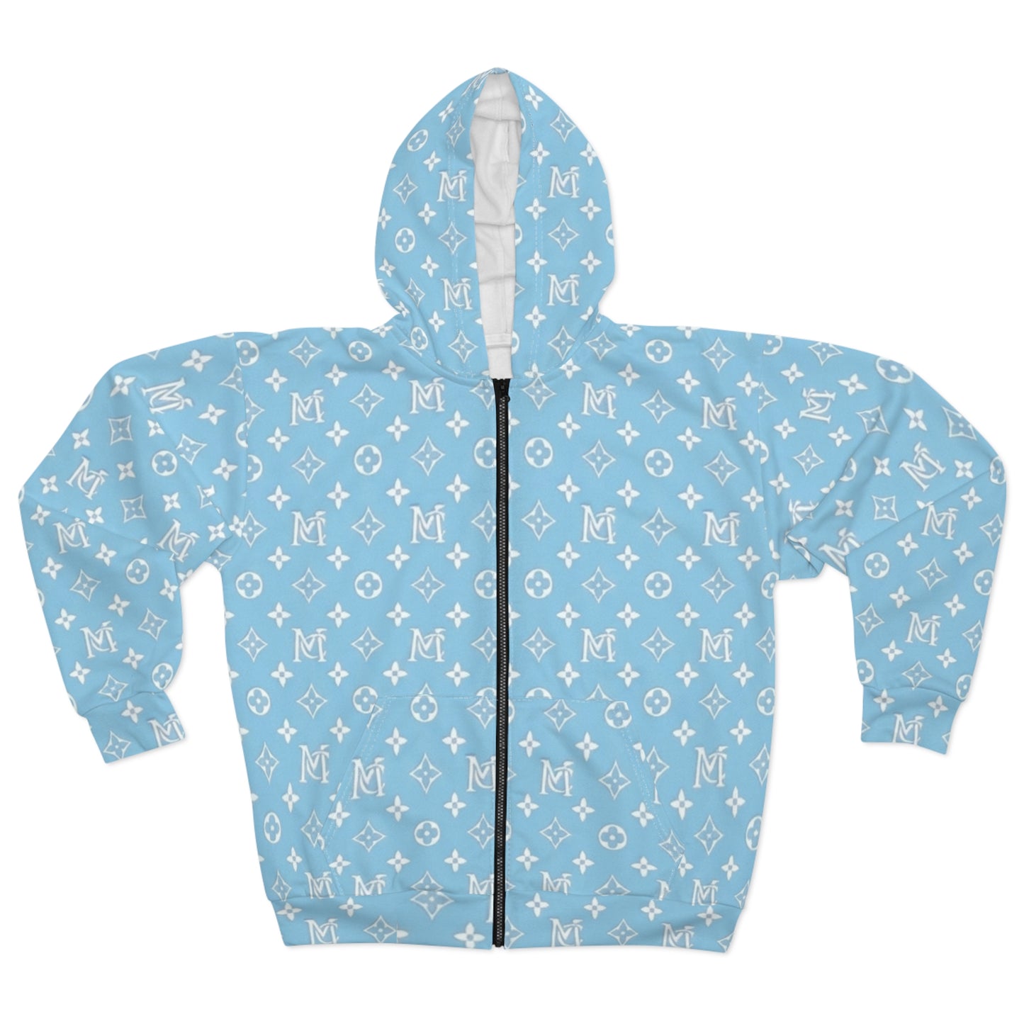Blue MC Pattern Zip Hoodie — All-Over Print Casual Streetwear