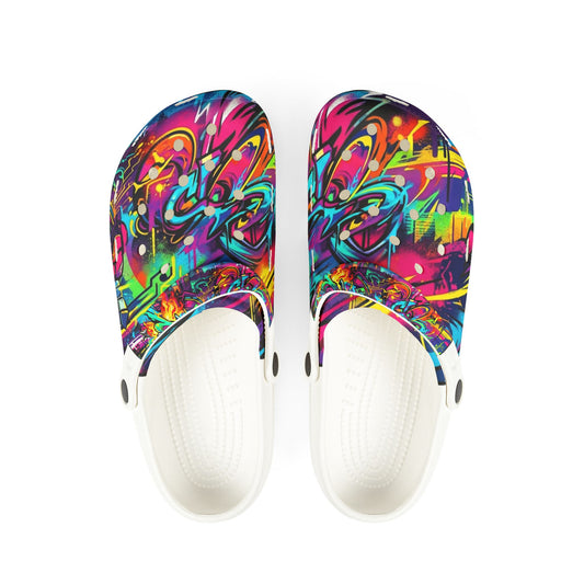 Colorful Psychedelic EVA Clogs — Vibrant Splash Foam Shoes