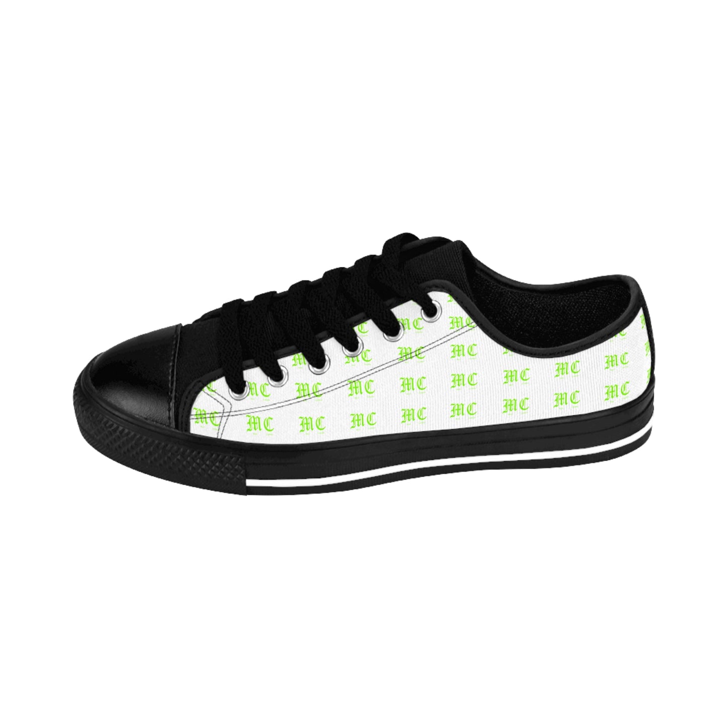 Men's Sneakers — White Low-Top Shoes with Repeating Green Logo Pattern
