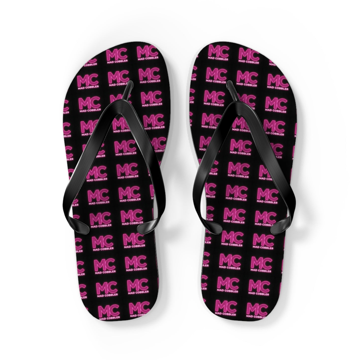 MC Pattern Flip Flops — Black & Pink Logo Beach Sandals