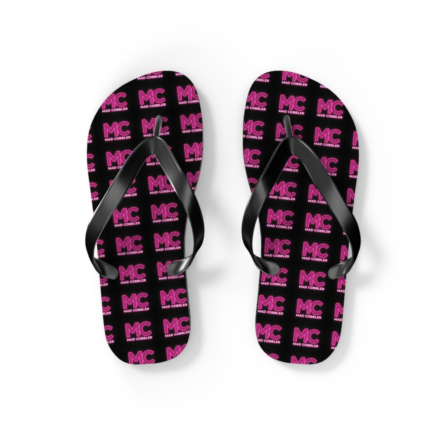 MC Pattern Flip Flops — Black & Pink Logo Beach Sandals