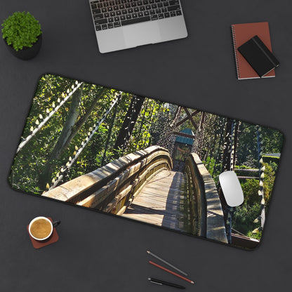 Rustic Woodland Suspension Bridge Desk Mat — Nature Landscape Mouse Pad for Office & Home