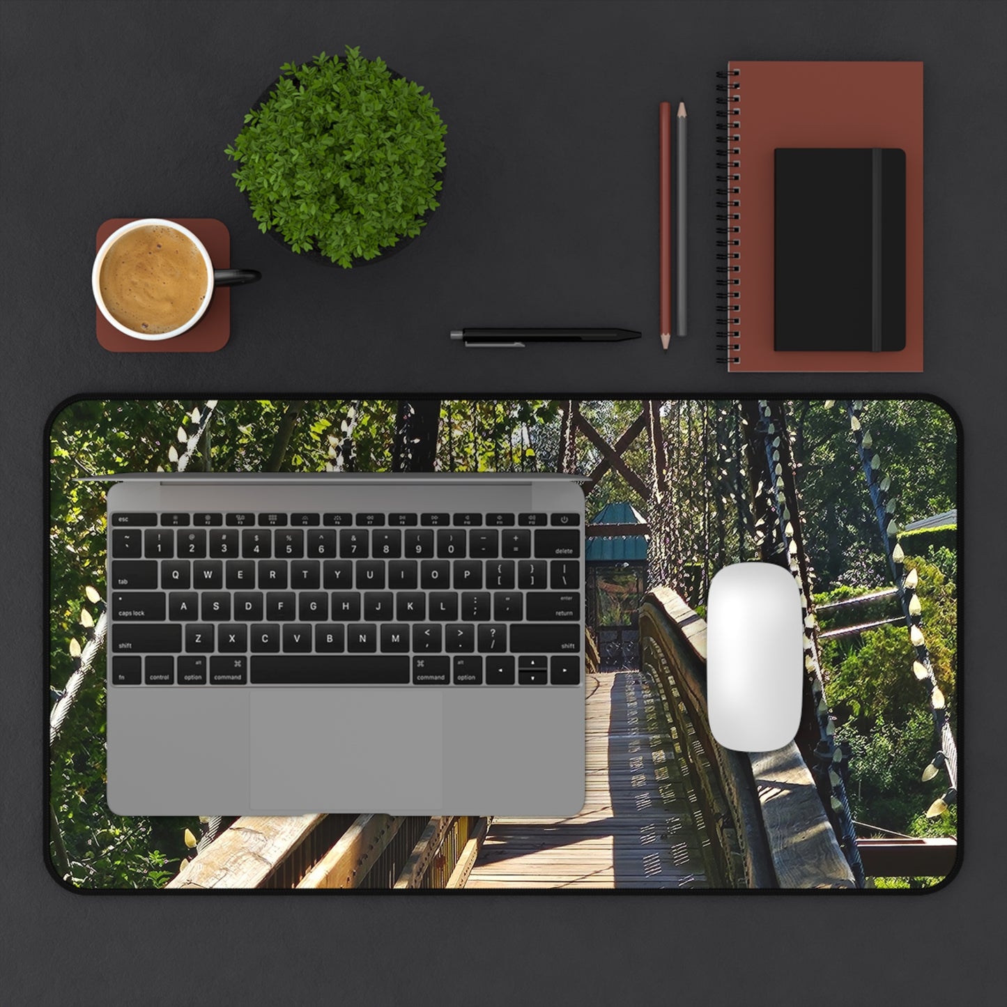Rustic Woodland Suspension Bridge Desk Mat — Nature Landscape Mouse Pad for Office & Home