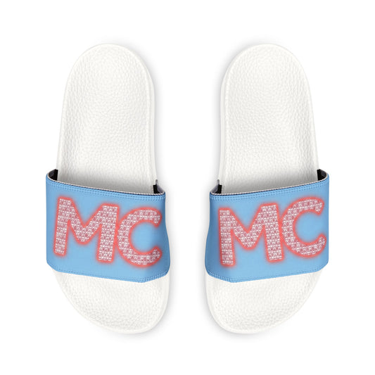 Men's Slide Sandals — Blue 'MC' Logo Adjustable Strap Casual Pool & Lounge Slides