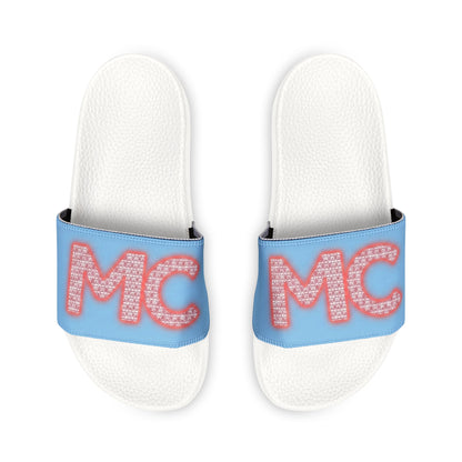 Men's Slide Sandals — Blue 'MC' Logo Adjustable Strap Casual Pool & Lounge Slides