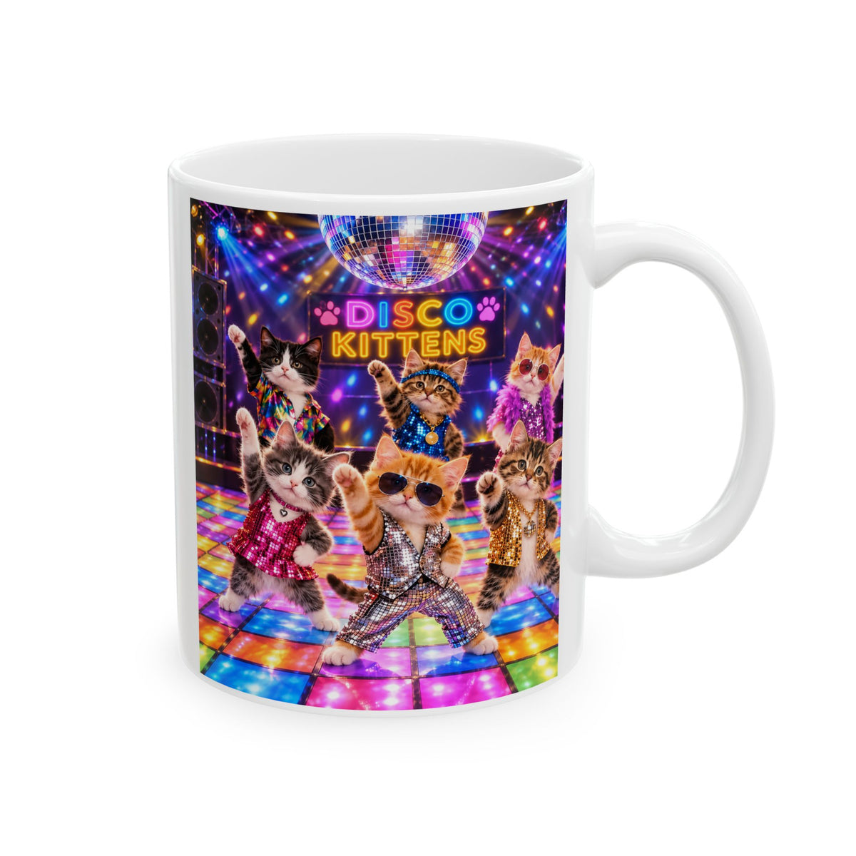 Disco Kittens Ceramic Mug (11oz/15oz) — Retro Dance Floor Party Coffee Cup
