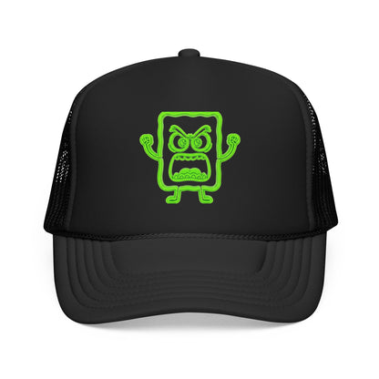 Mad Cobbler Square Foam Trucker Hat — Neon Green Cartoon Patch Cap