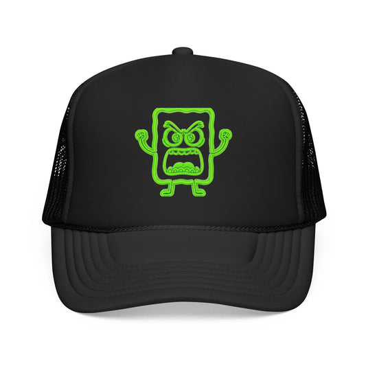 Mad Cobbler Square Foam Trucker Hat — Neon Green Cartoon Patch Cap