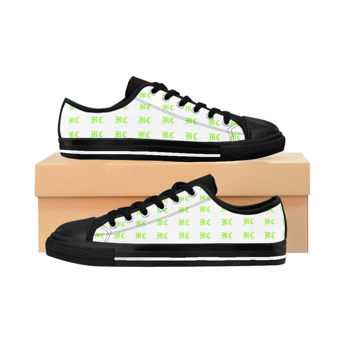Men's Sneakers — White Low-Top Shoes with Repeating Green Logo Pattern