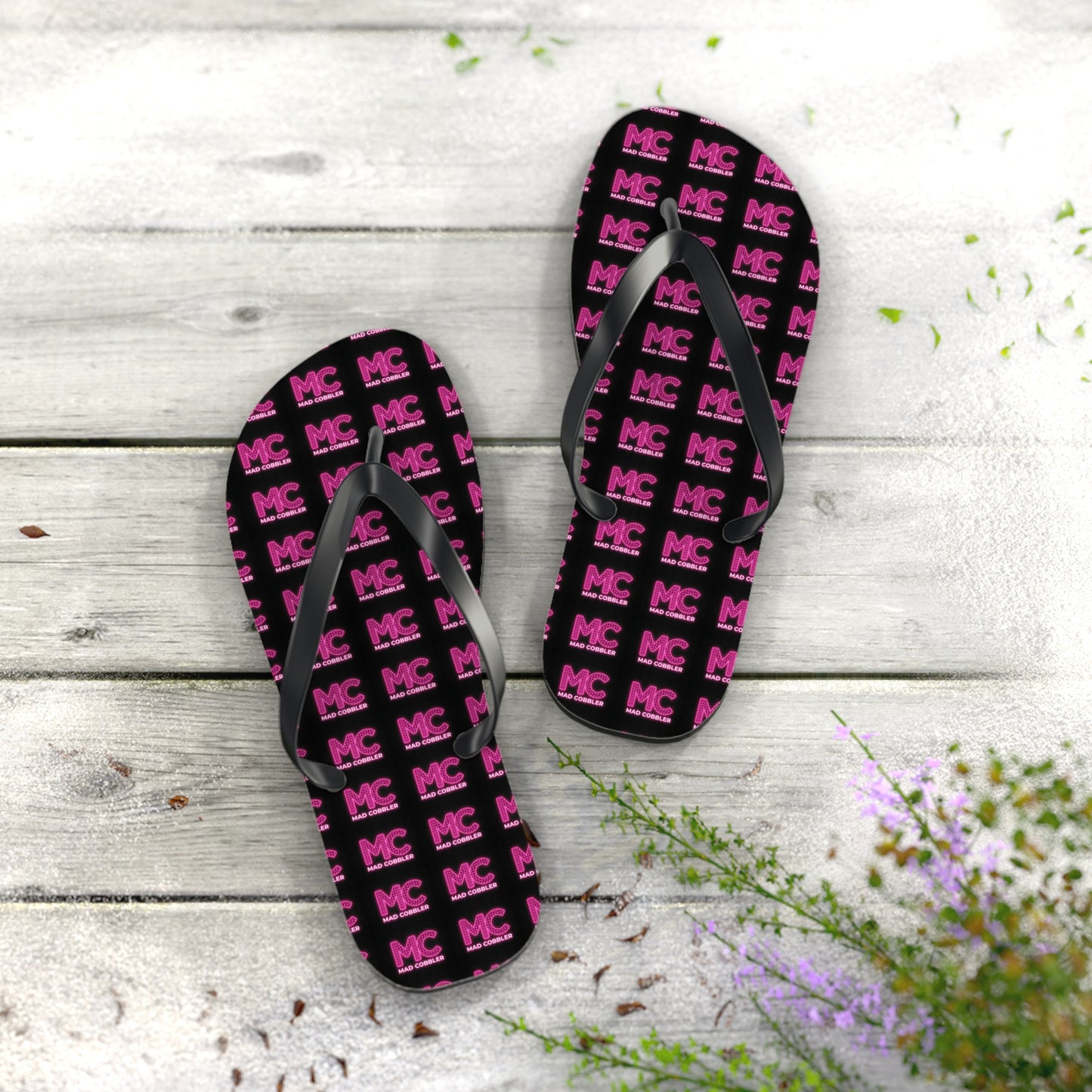 MC Pattern Flip Flops — Black & Pink Logo Beach Sandals