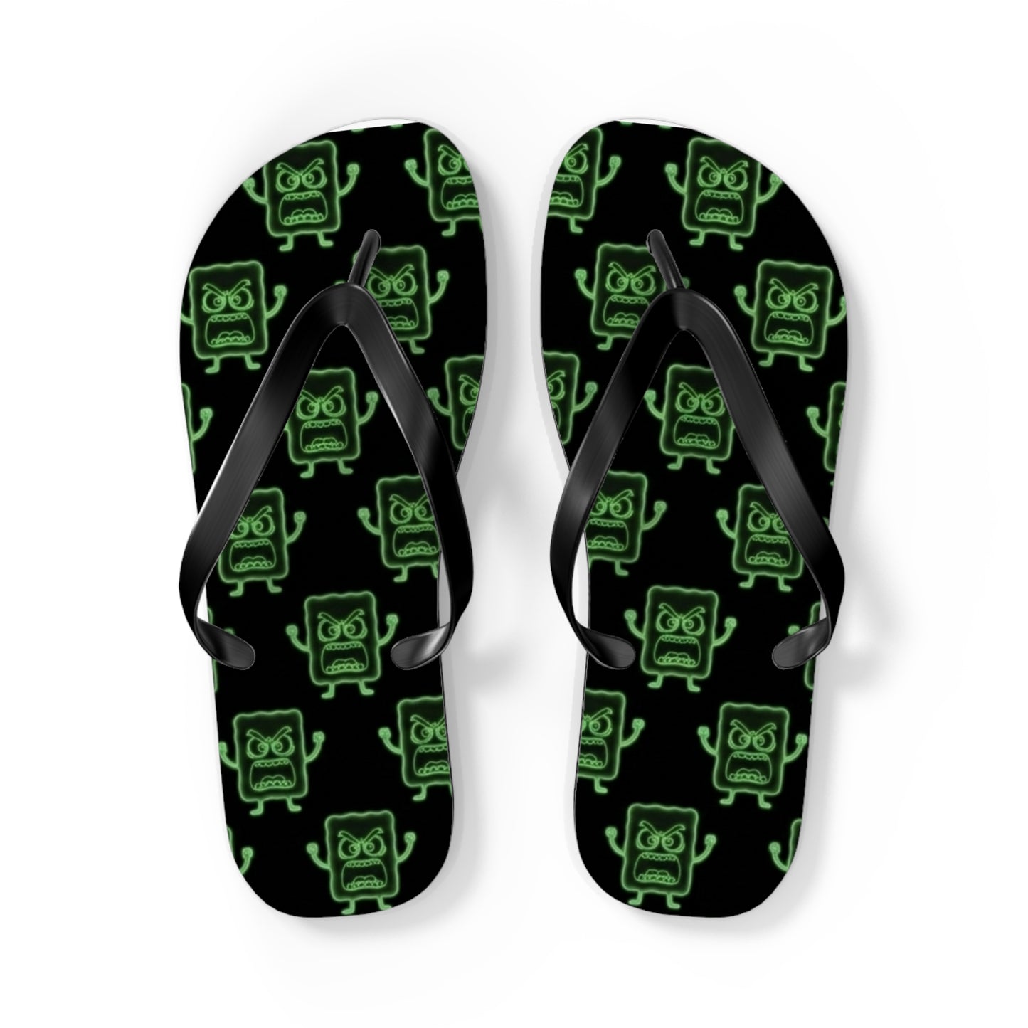 Mad Cobbler Pattern Flip Flops — Neon Green Cartoon Skull Beach Sandals