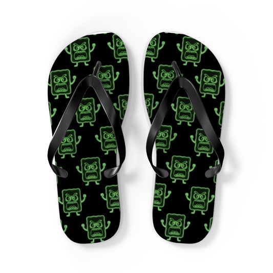 Mad Cobbler Pattern Flip Flops — Neon Green Cartoon Skull Beach Sandals