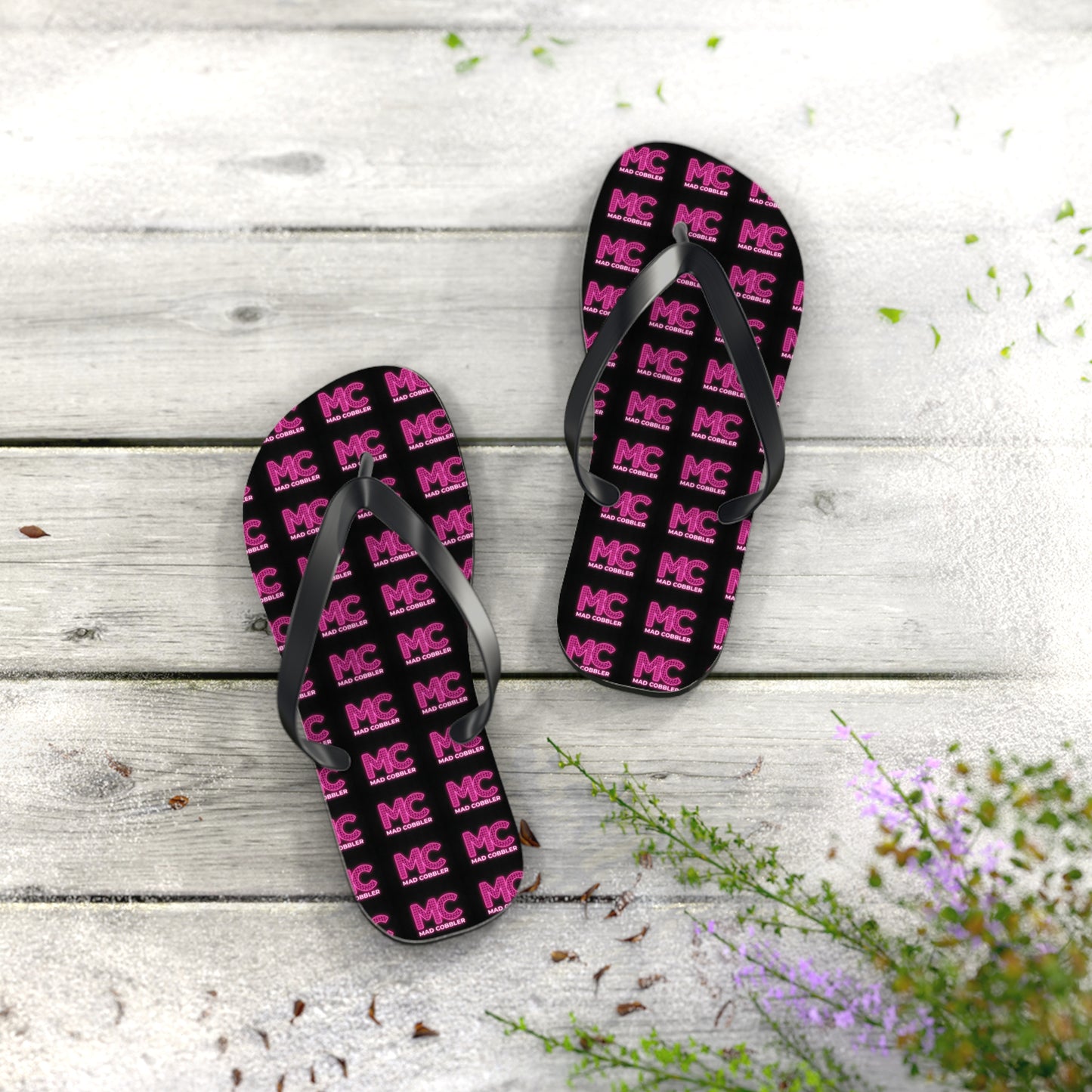MC Pattern Flip Flops — Black & Pink Logo Beach Sandals