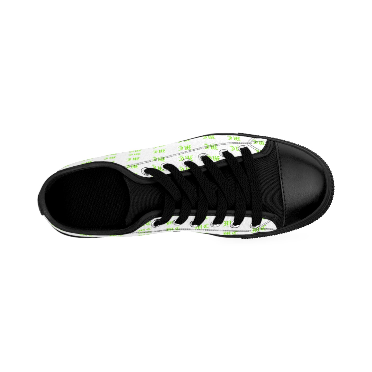 Men's Sneakers — White Low-Top Shoes with Repeating Green Logo Pattern