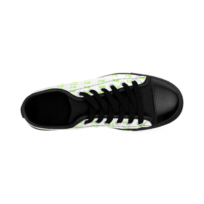 Men's Sneakers — White Low-Top Shoes with Repeating Green Logo Pattern