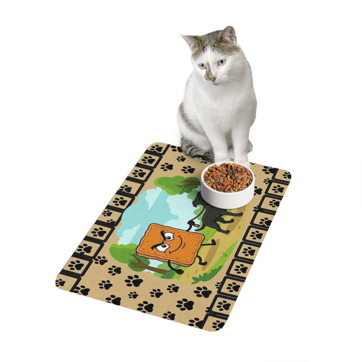 Pet Food Mat — Funny Walking Mad Cobbler & Dog Paw Print Placemat (12x18)