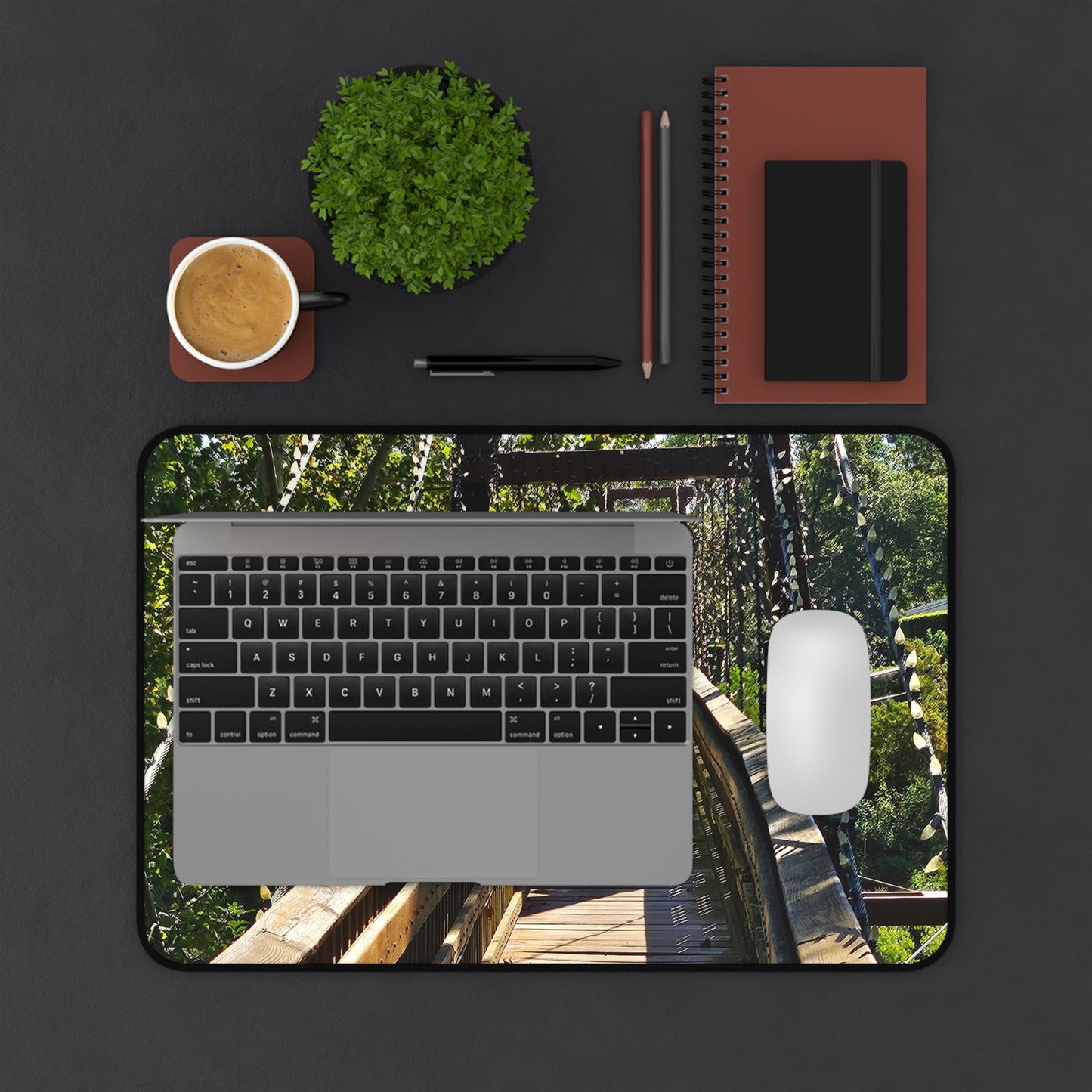 Rustic Woodland Suspension Bridge Desk Mat — Nature Landscape Mouse Pad for Office & Home