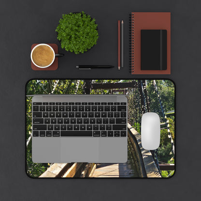 Rustic Woodland Suspension Bridge Desk Mat — Nature Landscape Mouse Pad for Office & Home