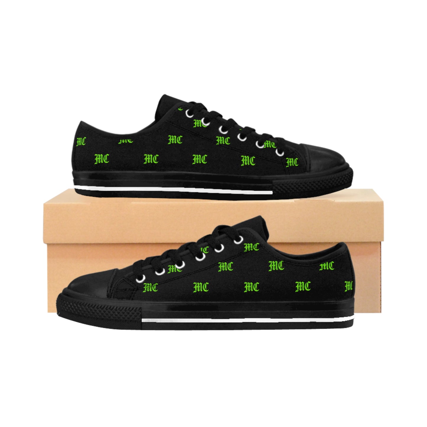 Men's Black Canvas Sneakers with Green Monogram Pattern