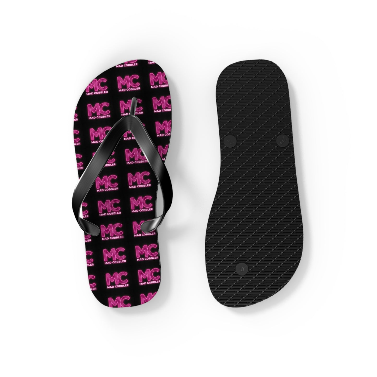 MC Pattern Flip Flops — Black & Pink Logo Beach Sandals