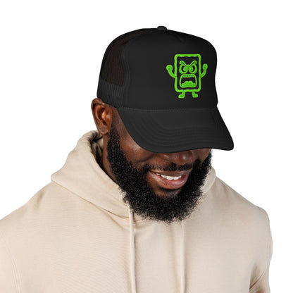 Mad Cobbler Square Foam Trucker Hat — Neon Green Cartoon Patch Cap