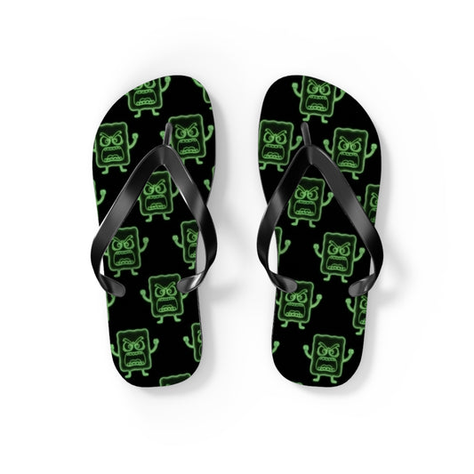 Mad Cobbler Pattern Flip Flops — Neon Green Cartoon Skull Beach Sandals