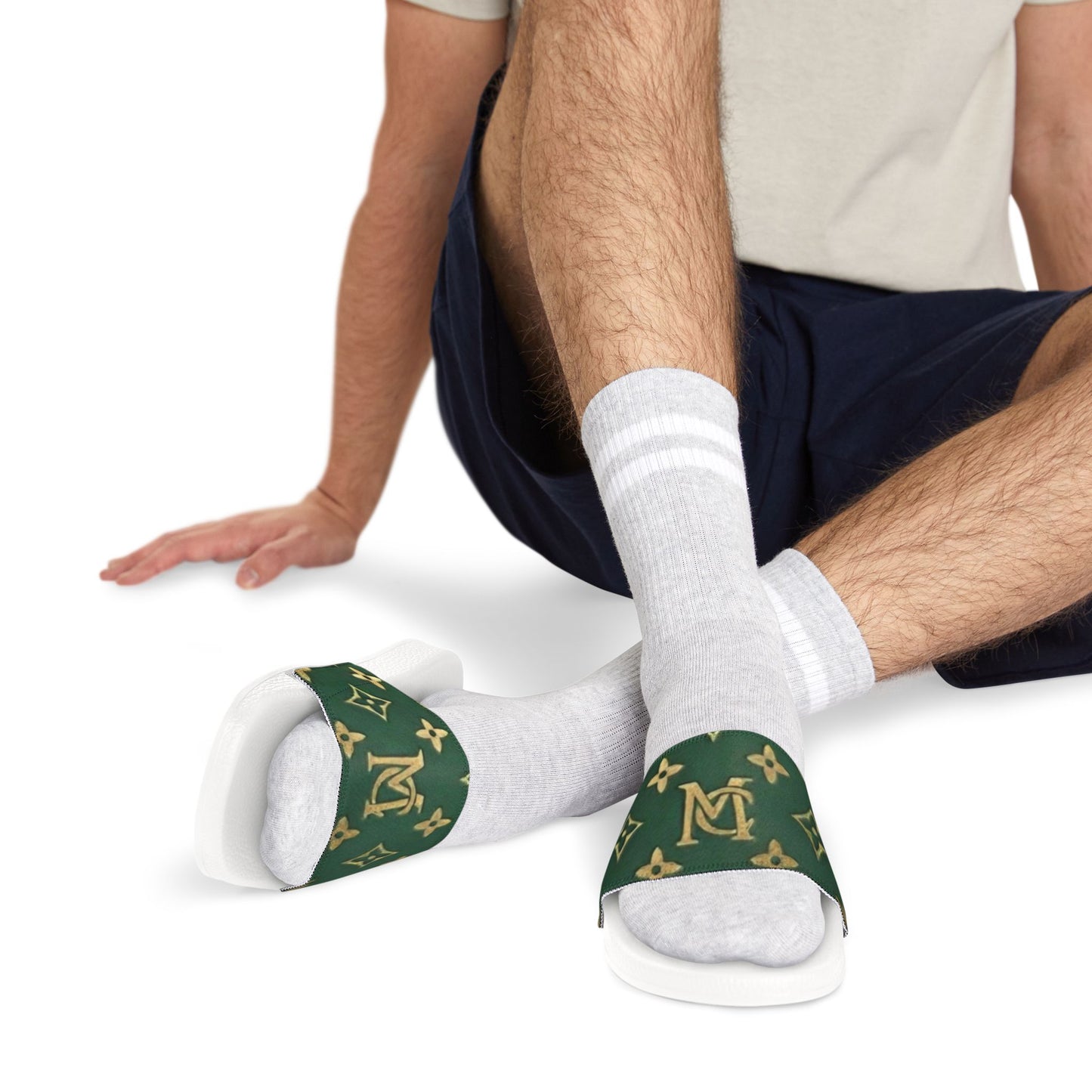 Green Monogram Slide Sandals — Removable Strap Men’s Pool Slides