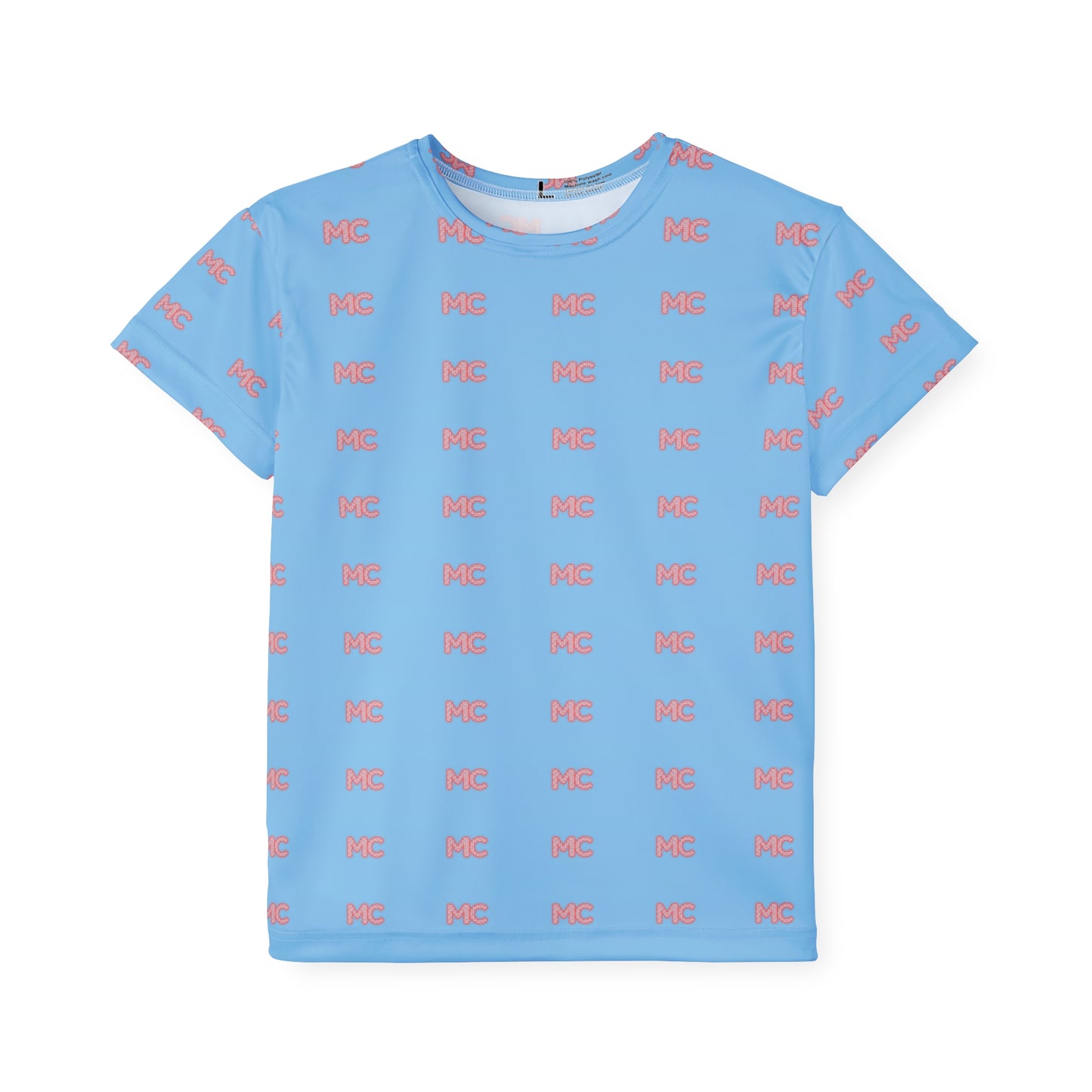 Kids Sports Jersey — Blue All-Over Print with Pink 'MC' Logo Pattern
