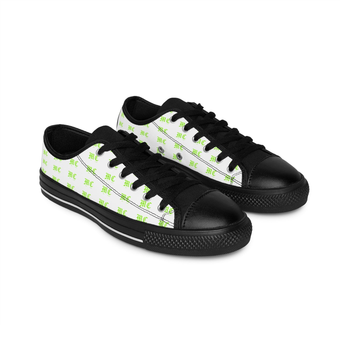 Men's Sneakers — White Low-Top Shoes with Repeating Green Logo Pattern