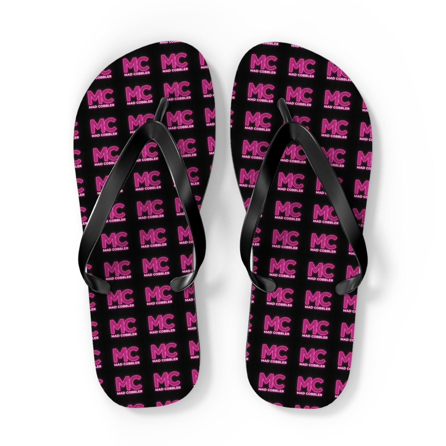 MC Pattern Flip Flops — Black & Pink Logo Beach Sandals