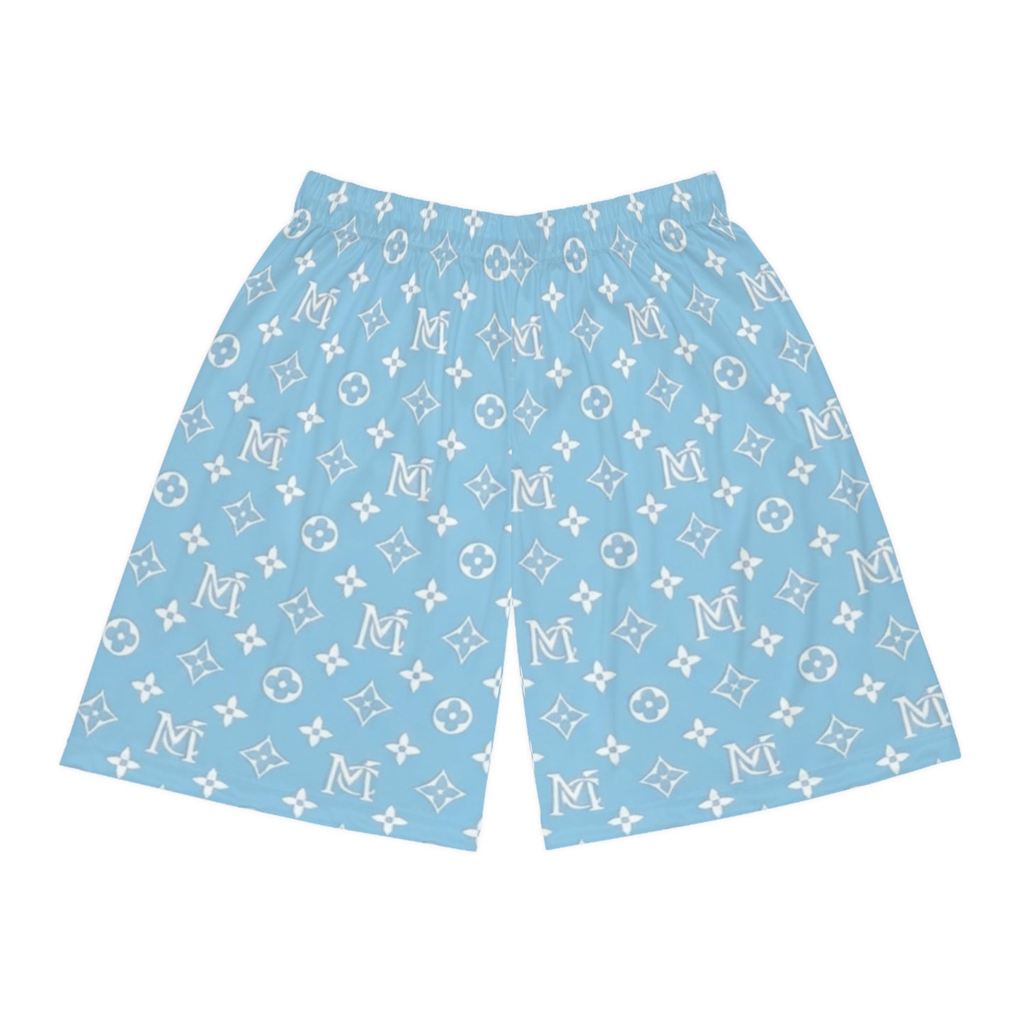 Blue Monogram Pattern Basketball Shorts – All-Over Print Casual Athletic Shorts