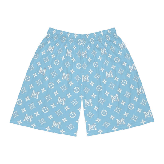 Blue Monogram Pattern Basketball Shorts – All-Over Print Casual Athletic Shorts