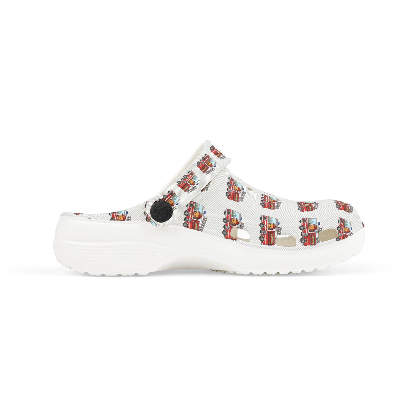 Kids Fire Truck Clogs — White Foam Slip‑On Shoes with Fire Engine Print